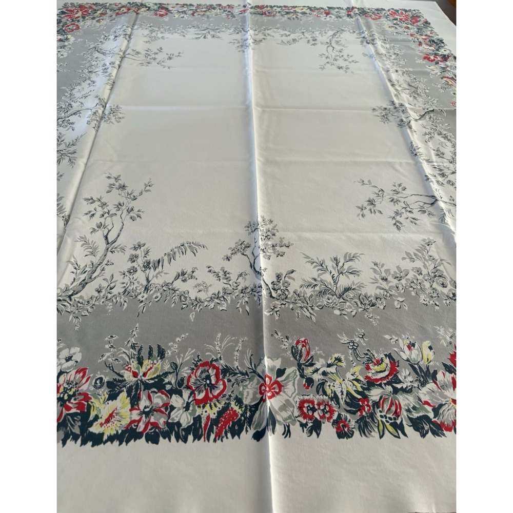 Vintage Tablecloth 1950's California Hand Prints 45" X 50" Red, Yellow, White